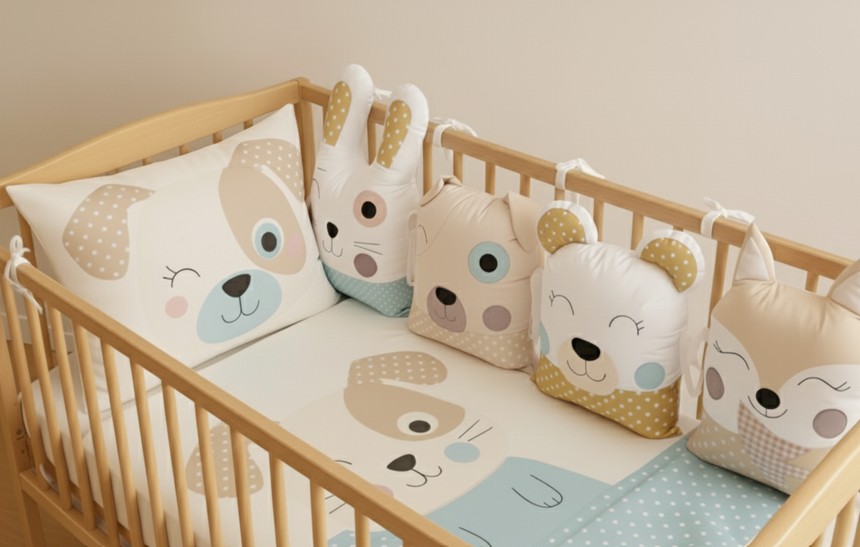 Limitovaná kolekce MimiMe Puppy Beige Dream – zvířátkový mantinel a povlečení s pejskem v béžovo-modré kombinaci