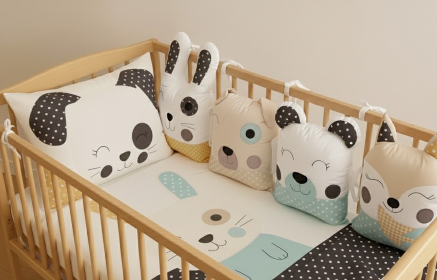 Kolekce MimiMe Puppy Mint Dot – zvířátkový mantinel a povlečení s pejskem v mintové, šedé a béžové kombinaci s puntíky