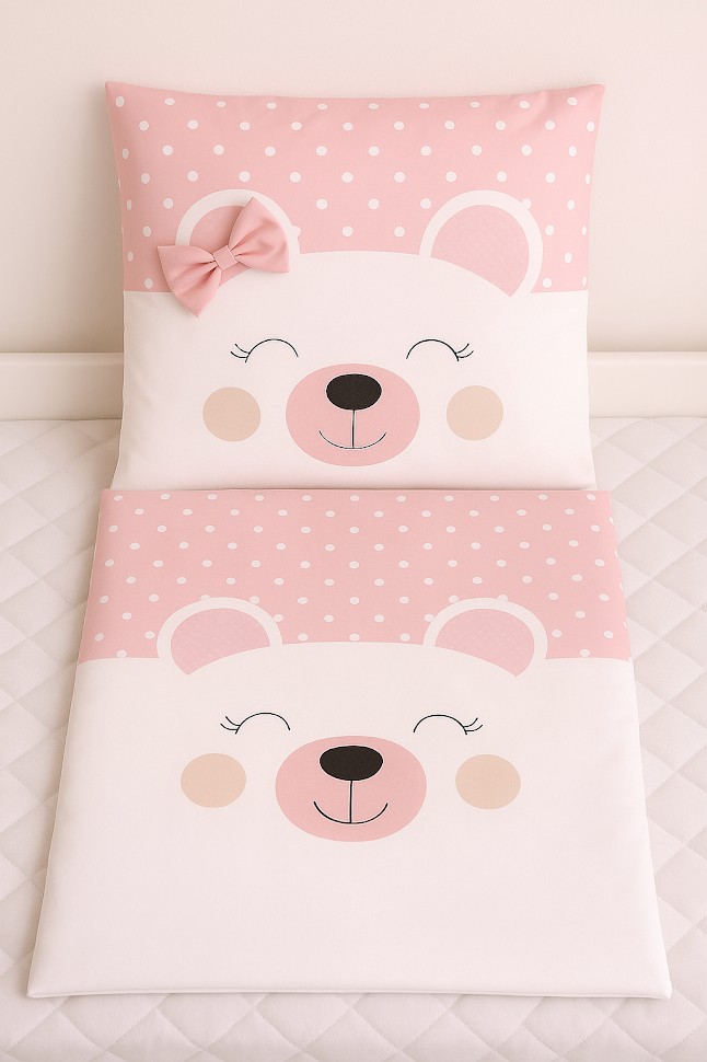 Povlečení do postýlky MimiMe Pink Bear Dream – růžovo-bílé povlečení s medvídkem a mašličkou