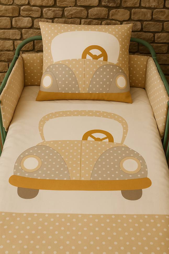 Povlečení do postýlky MimiMe Retro Car Mustard – béžovo-hořčicové povlečení s motivem retro autíčka
