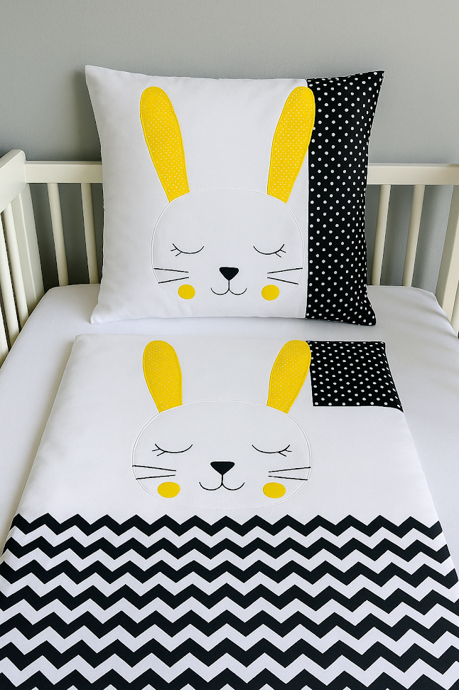 Povlečení do postýlky MimiMe Bunny Contrast – černobílé povlečení s motivem králíčka a žlutými detaily