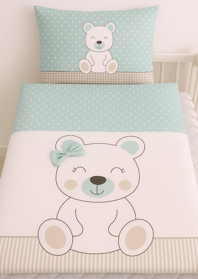 Povlečení do postýlky MimiMe Mint Bear Dream – mentolové povlečení s motivem medvídka a mašličkou