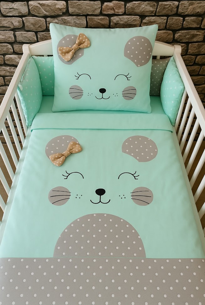 Povlečení do postýlky MimiMe Mint Mouse Dots – mentolové povlečení s motivem myšky a puntíky