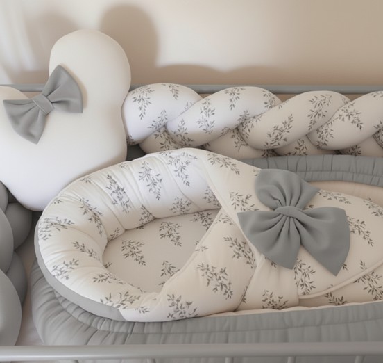 Set do postýlky MimiMe Grey Elegance – šedý copánkový mantinel, hnízdečko, zavinovačka a polštářek z prémiové bavlny s jemným vzorem