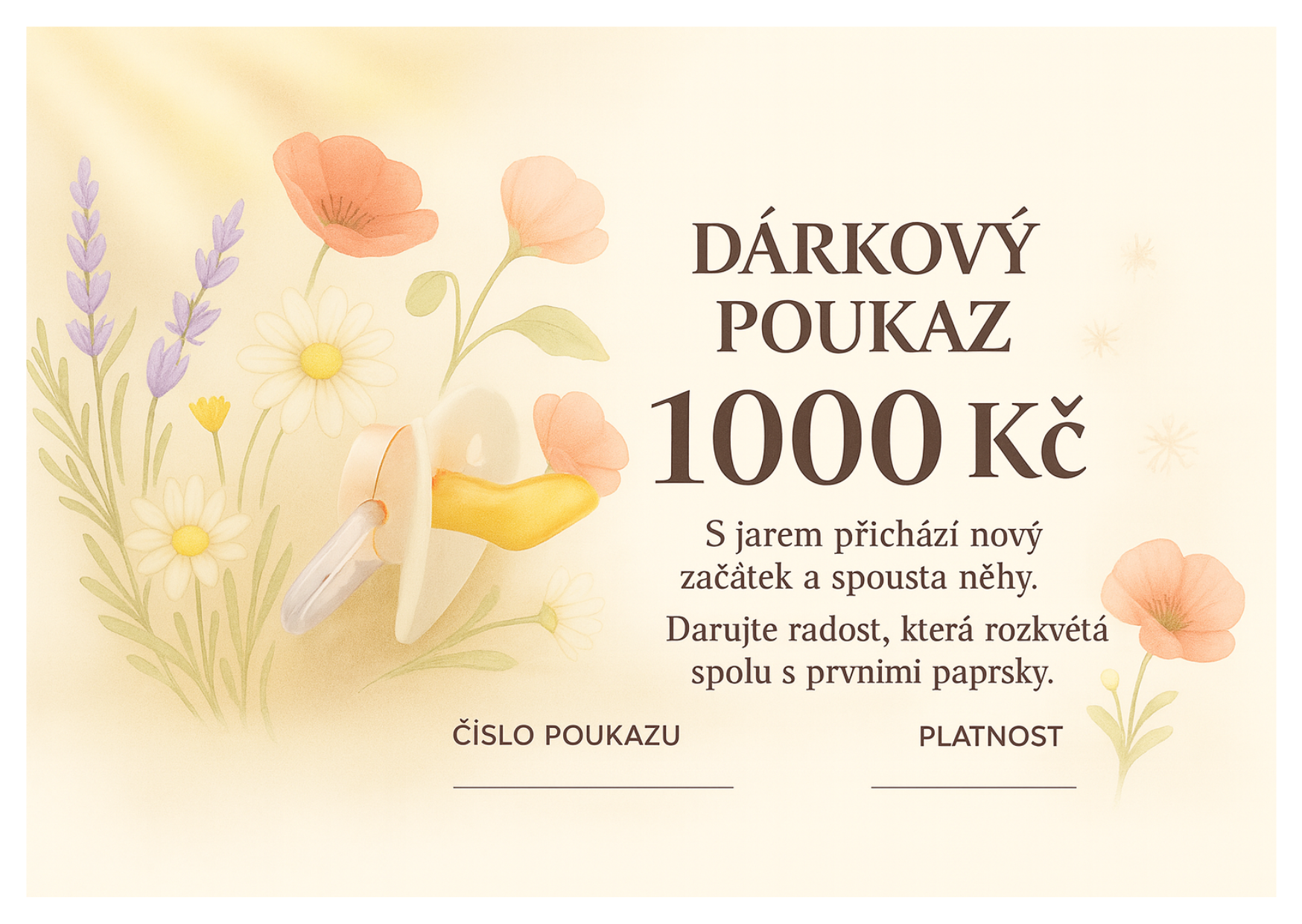 Dárkový poukaz MimiMe 1000 Kč s jarními květy, dudlíkem a textem „S jarem přichází nový začátek a spousta něhy.“