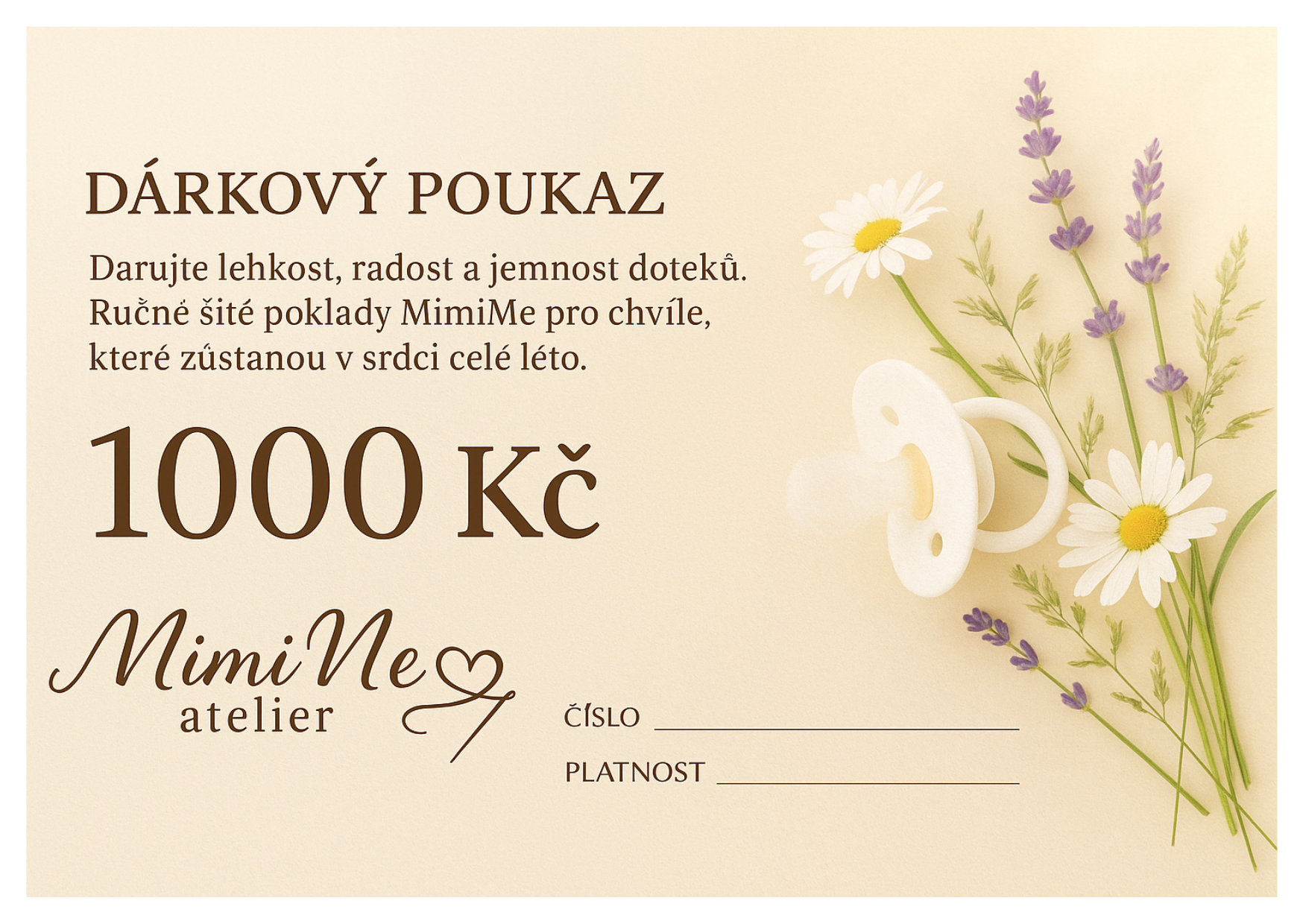 Dárkový poukaz MimiMe 1000 Kč s letními květy, levandulí, heřmánkem a dudlíkem na béžovém pozadí.