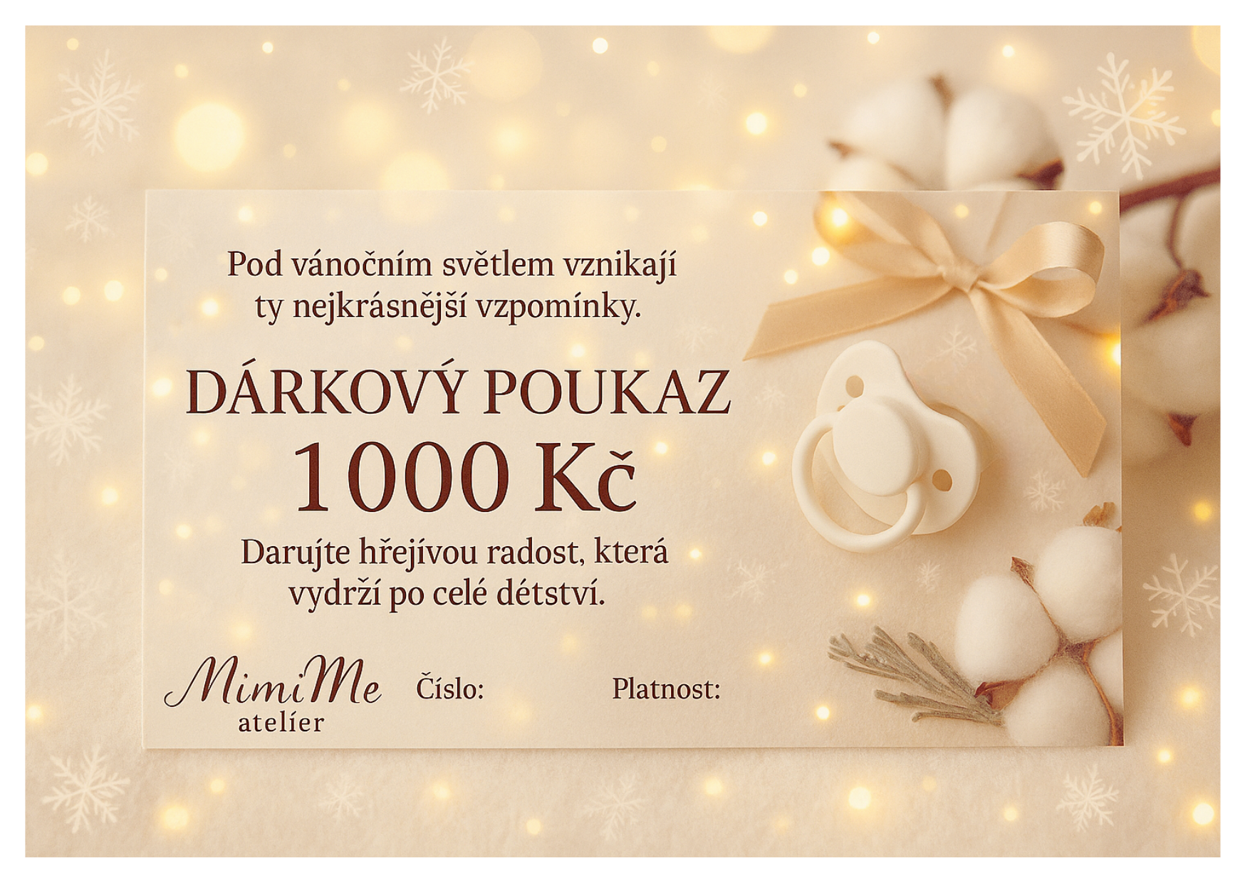 Dárkový poukaz MimiMe 1000 Kč s vánočním motivem, zlatou mašlí, dudlíkem, bavlníkovými větvičkami a jemným světelným pozadím.