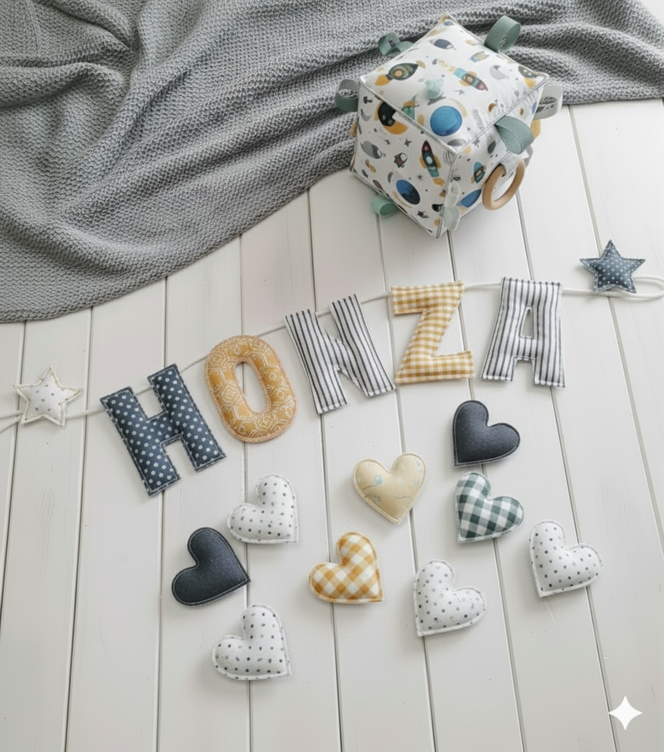 Šitá písmenka z látek – jméno Honza v kombinaci hořčicové, šedé a modré, dekorace do dětského pokojíčku