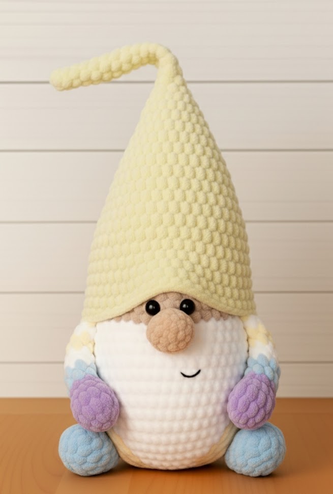 Háčkovaný skřítek Tulinka vysoký 50 cm, ručně vyrobený z hebké žinylkové příze v pastelových barvách – žlutá čepice, bílý základ, fialové a modré detaily, česká ruční výroba MimiMe.cz.