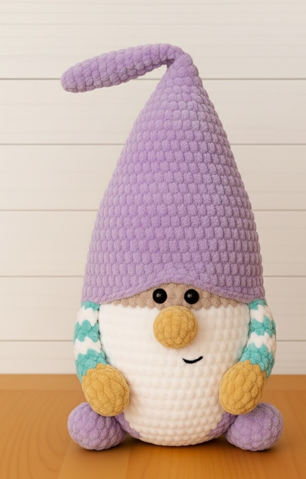 Háčkovaný skřítek Tulinka, výška 50 cm, v pastelových barvách – fialová čepice, bílý základ, mátové pruhy a hořčicové detaily, ruční výroba z hebké příze, MimiMe.cz.