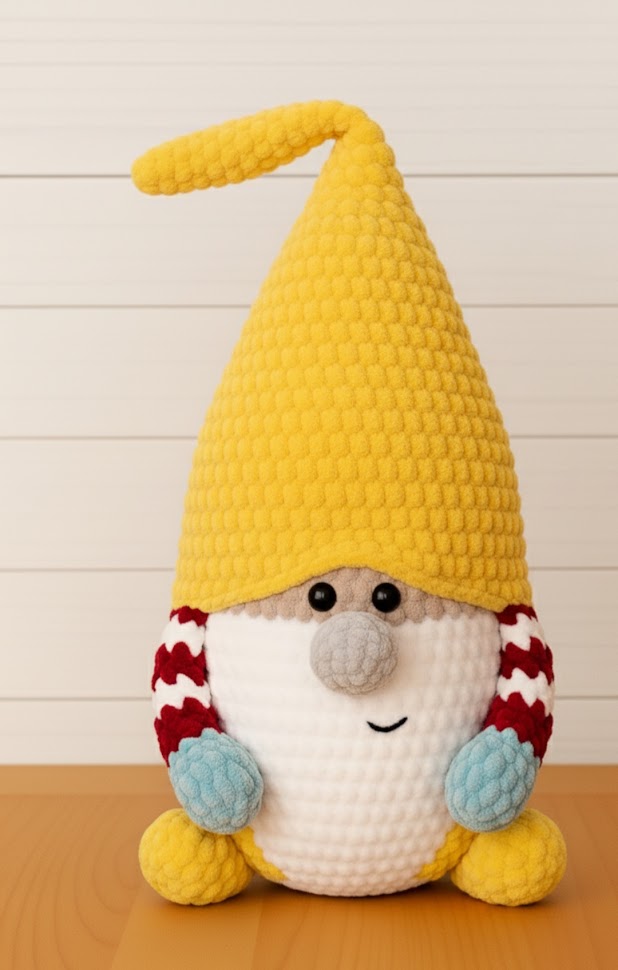 Háčkovaný skřítek Tulinka v žluté čepici, výška 50 cm, bílé tělo s červenými a modrými pruhy, ručně háčkovaný z hebké žinylkové příze, česká ruční výroba MimiMe.cz.