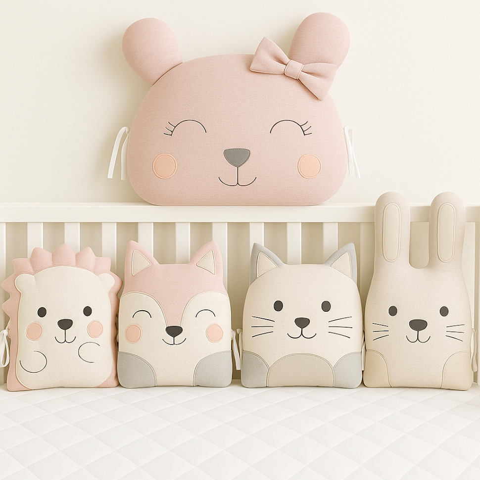 Zvířátkový mantinel MimiMe – pět zvířátek v odstínech pudrové růžové, béžové a šedé (ježeček, liška, kočička, zajíček a medvědice s mašlí) z kolekce Powder Rose.