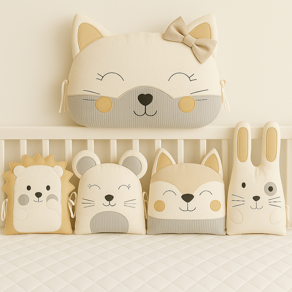 Zvířátkový mantinel MimiMe – pět zvířátek v béžových, krémových a šedých odstínech (ježeček, myška, liška, zajíček a kočička s mašlí) z kolekce Natural Harmony.