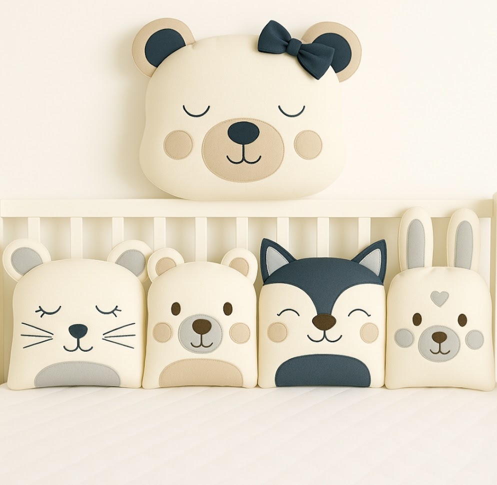 Zvířátkový mantinel MimiMe – pět zvířátek v krémové, béžové a tmavě modré (myška, medvídek, liška, zajíček a medvědice s mašlí) z kolekce Sweet Navy.