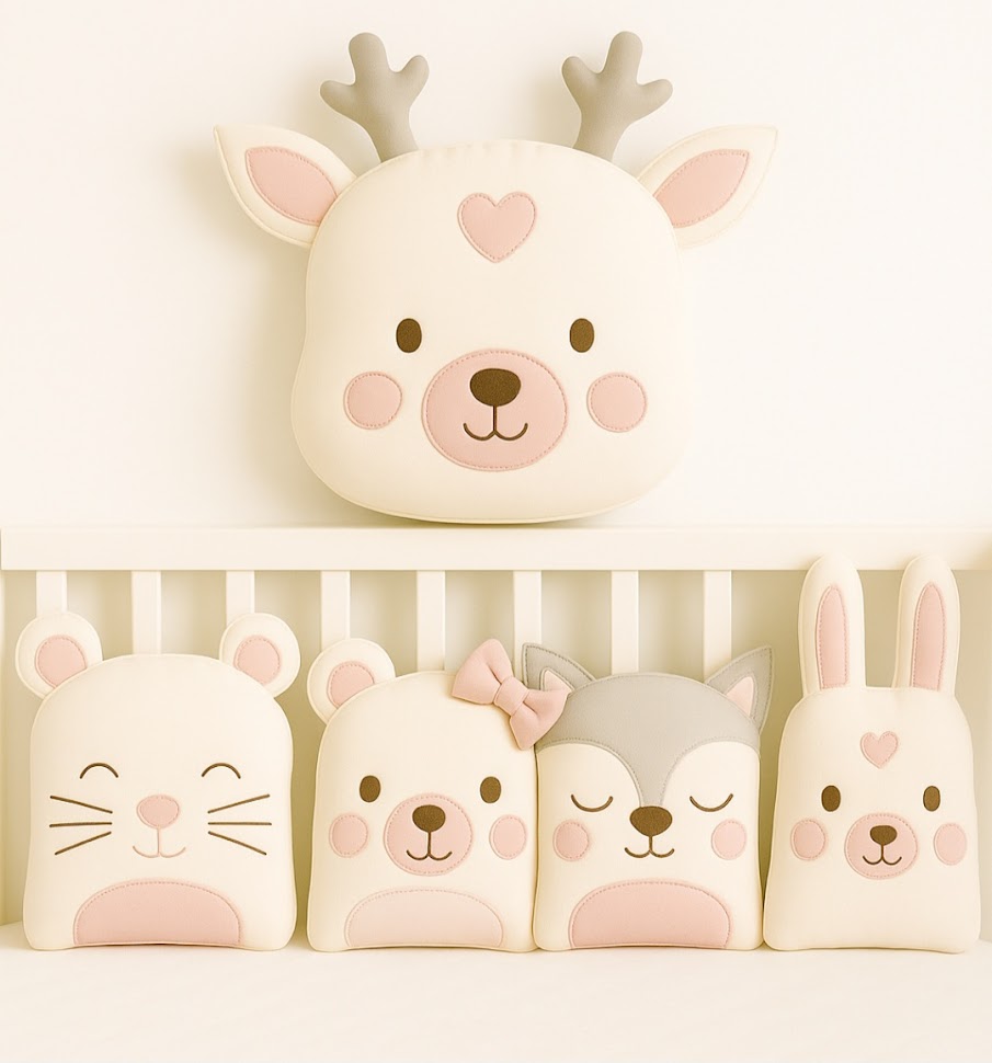 Zvířátkový mantinel MimiMe – pět zvířátek v odstínech pudrové růžové, šedé a béžové (myška, medvídek, liška, zajíček a jelínek se srdíčkem) z kolekce Powder Rose.