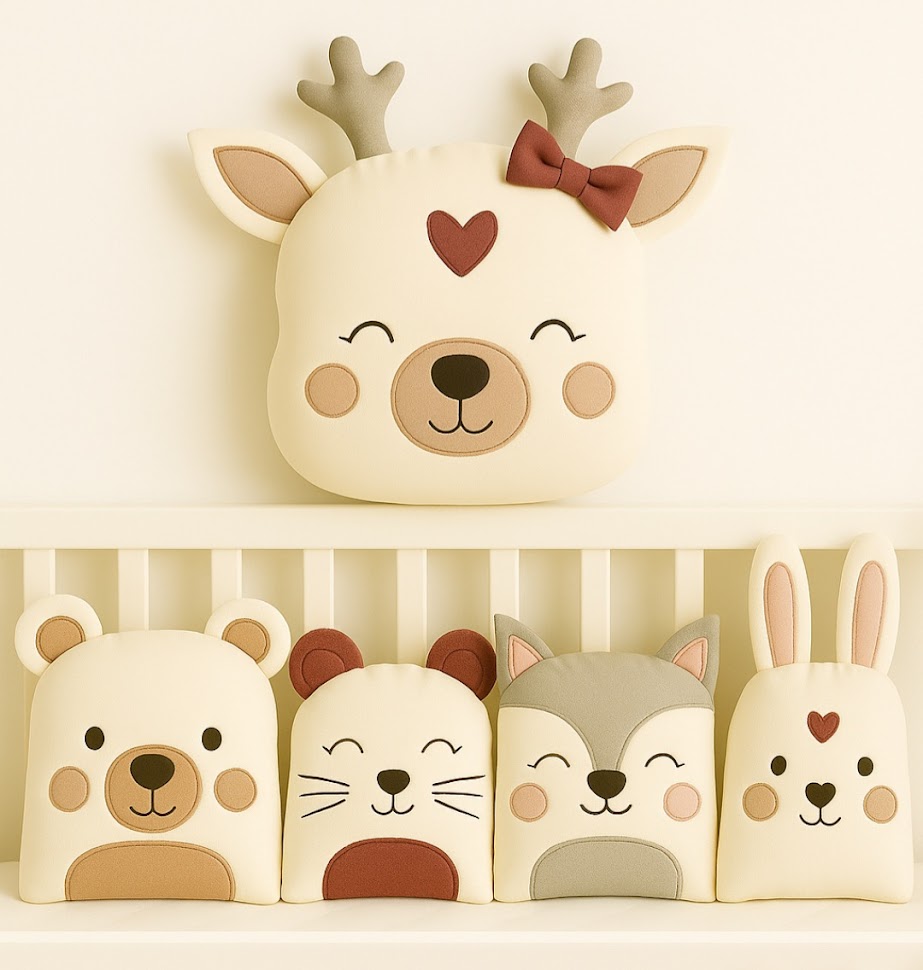 Zvířátkový mantinel MimiMe – pět zvířátek v teplých přírodních odstínech (medvídek, myška, liška, zajíček a jelínek se srdíčkem) z kolekce Autumn Hug.