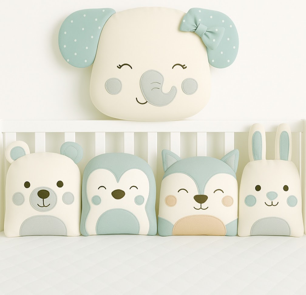 Zvířátkový mantinel MimiMe – pět zvířátek v mentolové, šedé a krémové kombinaci (medvídek, tučňáček, liška, zajíček a slon s mašličkou) z kolekce Mint Breeze.