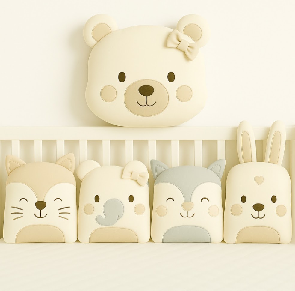 Zvířátkový mantinel MimiMe – pět zvířátek v krémových, šedých a béžových odstínech (kočička, sloník, liška, zajíček a medvídek s mašlí) z kolekce Cream Harmony.
