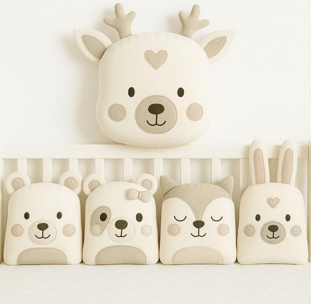 Zvířátkový mantinel MimiMe – pět zvířátek v krémových, béžových a šedých odstínech (medvídek, medvídek s mašlí, liška, zajíček a jelínek se srdíčkem) z kolekce Forest Whisper.