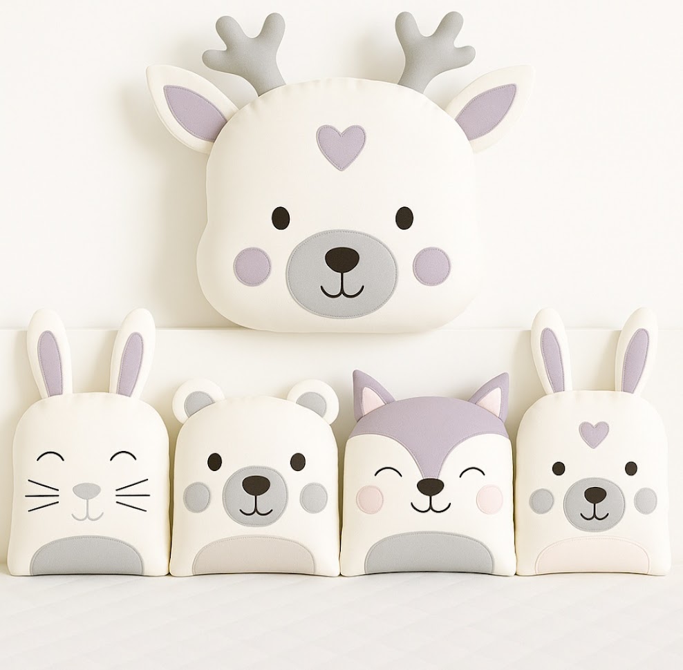 Zvířátkový mantinel MimiMe – pět zvířátek v lila, šedé a krémové kombinaci (zajíček, medvídek, liška, zajíček a jelínek se srdíčkem) z kolekce Lavender Whisper.