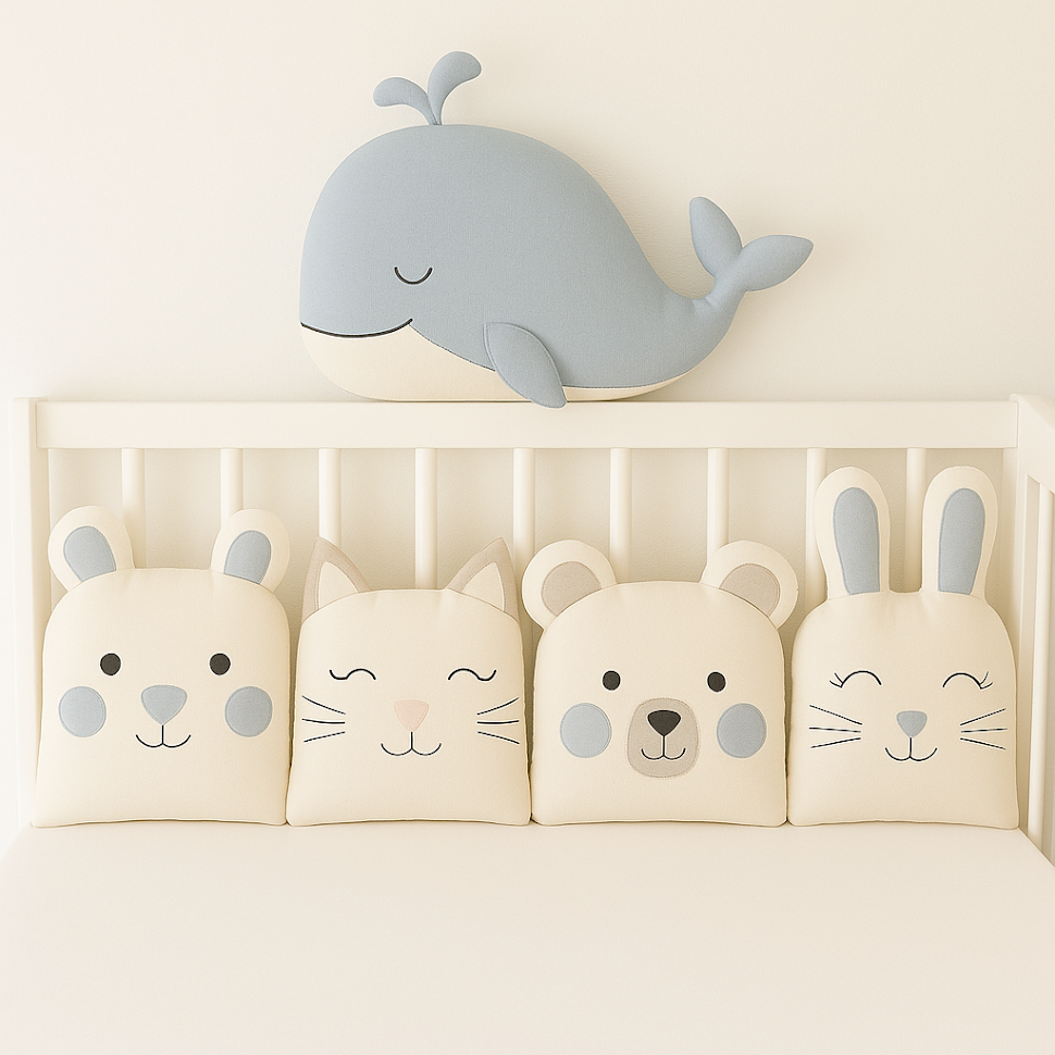 Zvířátkový mantinel MimiMe – pět zvířátek v modro-šedé a krémové kombinaci (velryba, kočička, medvídek, zajíček a myška) z kolekce Ocean Dream.