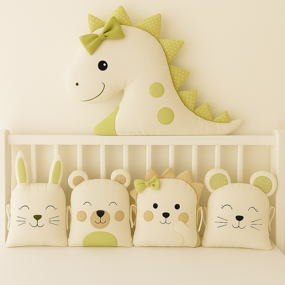 Zvířátkový mantinel MimiMe – pět zvířátek v jemné zelené a krémové kombinaci (dinosaurus, zajíček, medvídek, ježeček s mašličkou a myška) z kolekce Dino Garden.