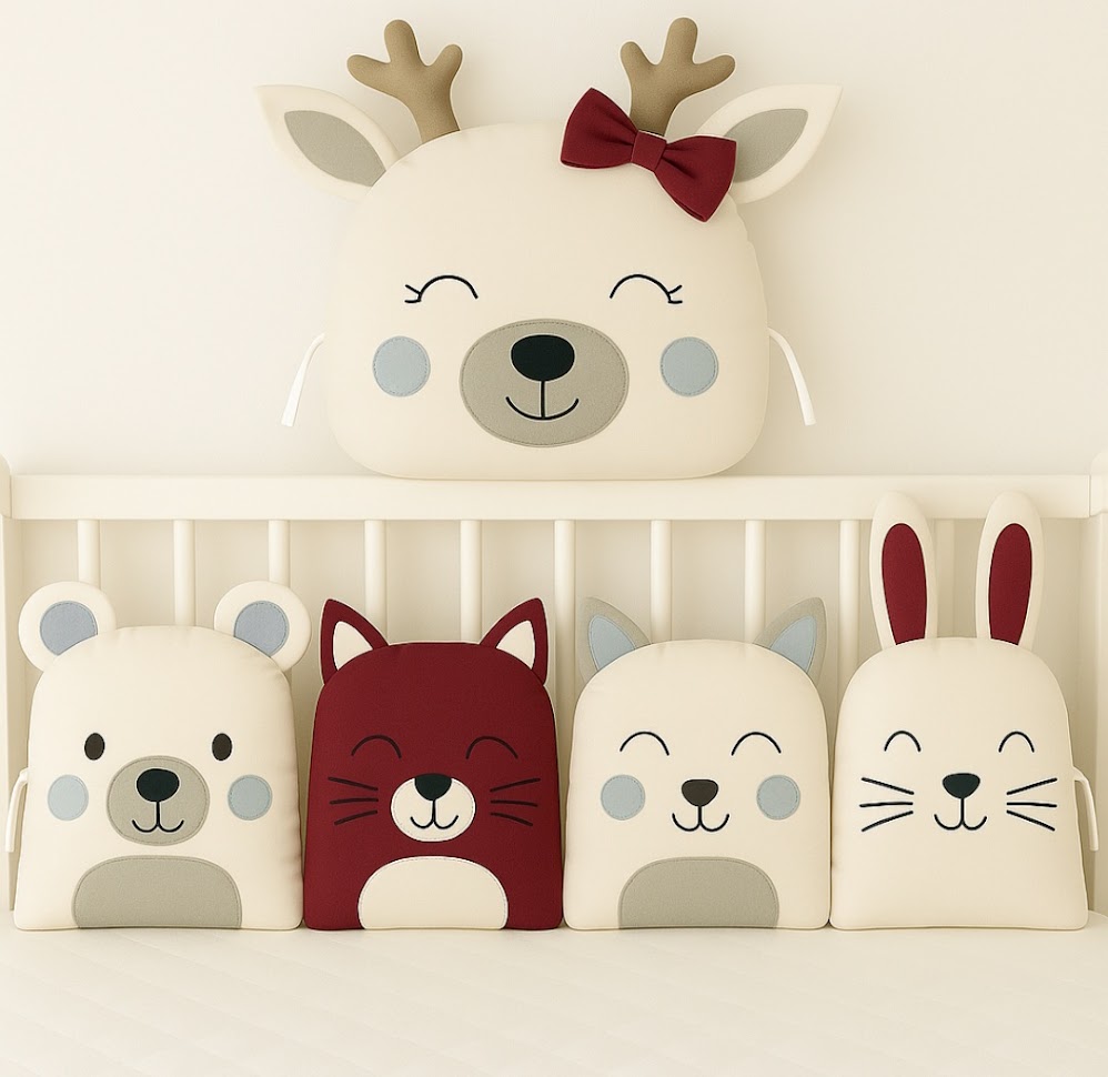 Zvířátkový mantinel MimiMe – pět zvířátek v kombinaci vínové, šedé a krémové (jelen s mašlí, medvídek, liška, kočička a zajíček) z kolekce Winter Berry.