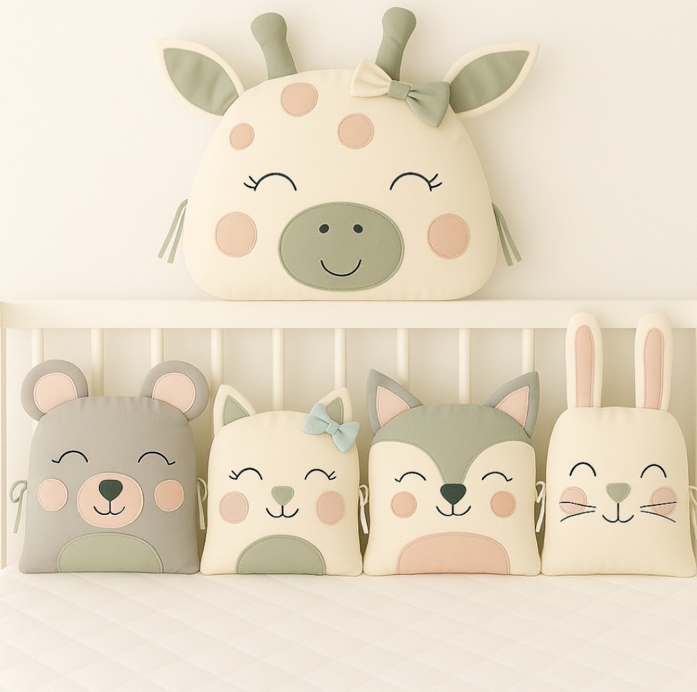 Zvířátkový mantinel MimiMe – pět zvířátek v šalvějově zelené, broskvové a krémové kombinaci (žirafa, medvídek, kočička, liška a zajíček) z kolekce Sage Meadow.