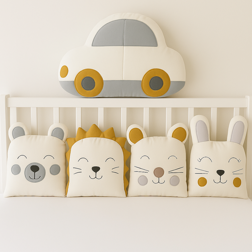 Zvířátkový mantinel MimiMe – pět zvířátek v šedo-hořčicové kombinaci (autíčko, medvídek, lvíček, myška a zajíček) z kolekce Little Driver.