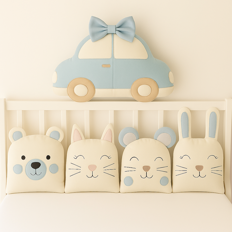 Zvířátkový mantinel MimiMe – pět zvířátek v modro-béžové kombinaci (autíčko, medvídek, kočička, myška a zajíček) z kolekce Baby Blue Ride.