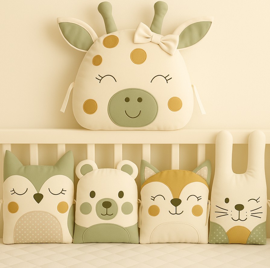 Zvířátkový mantinel MimiMe – pět zvířátek v šalvějově zelené, béžové a hořčicové kombinaci (žirafka s mašlí, sova, medvídek, liška a zajíček) z kolekce Sage Meadow.