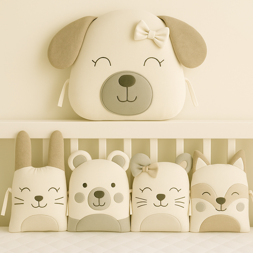 Zvířátkový mantinel MimiMe – pět zvířátek v béžovo-šedé kombinaci (pejsek s mašlí, zajíček, medvídek, kočička a liška) z kolekce Cozy Puppy.