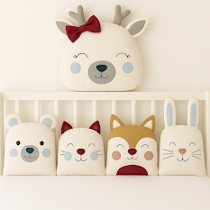 Zvířátkový mantinel MimiMe – pět zvířátek v baby modré, vínové a karamelové kombinaci (jelen s mašlí, medvídek, kočička, liška a zajíček) z kolekce Little Deer.