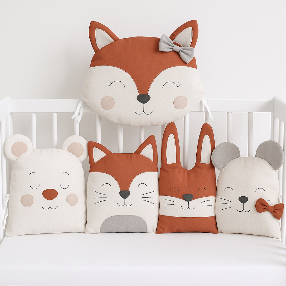 Zvířátkový mantinel MimiMe – pět zvířátek v rezavé, šedé a béžové kombinaci (liška s mašlí, medvídek, zajíček a myška) z limitované kolekce Autumn Hug.