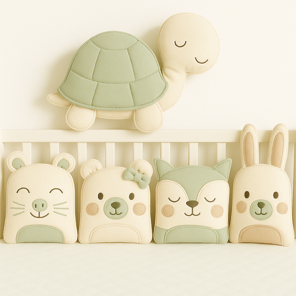 Zvířátkový mantinel MimiMe – pět zvířátek v šalvějové a pískové kombinaci (želva, myška, medvídek, liška a zajíček) z kolekce Sage Meadow.