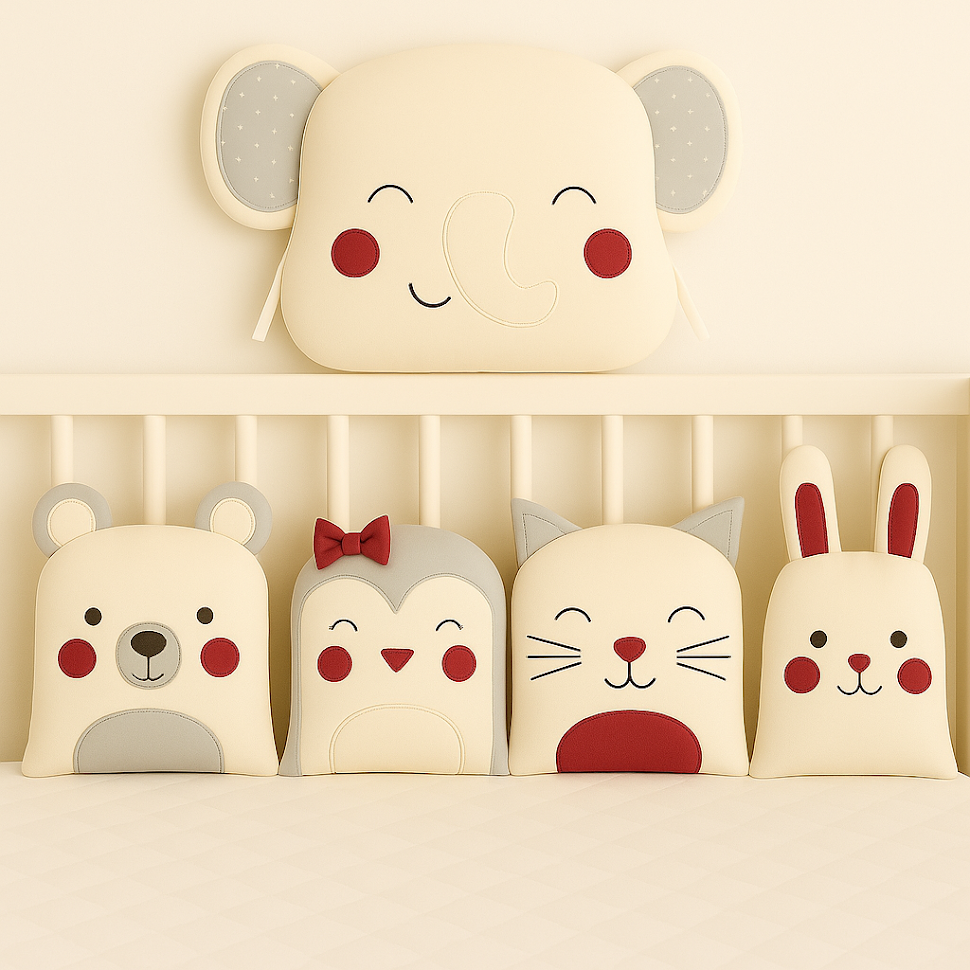 Zvířátkový mantinel MimiMe – pět zvířátek v šedé, vínové a krémové kombinaci (sloník s mašlí, medvídek, tučňák, kočička a zajíček) z kolekce Gentle Elephant.