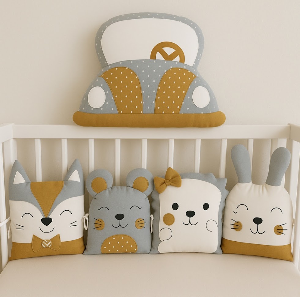 Zvířátkový mantinel MimiMe – pět zvířátek v šedomodré, hořčicové a krémové kombinaci s autíčkem, liškou, myškou, medvídkem a zajíčkem z kolekce Retro Car.