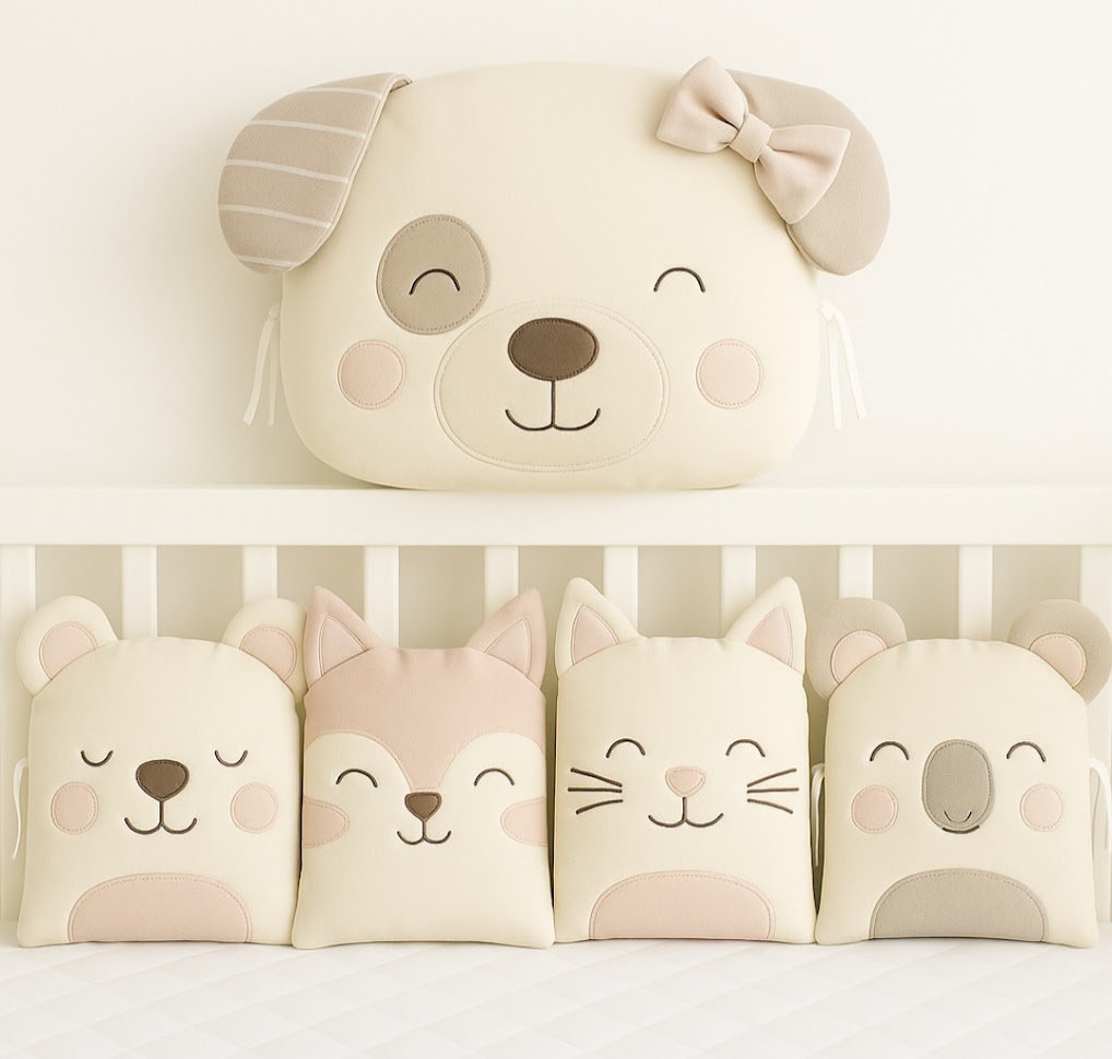 Zvířátkový mantinel MimiMe v krémově-béžové a pudrové kombinaci s pejskem, medvídkem, lištičkou, kočičkou a koalou – kolekce Almond Cream.