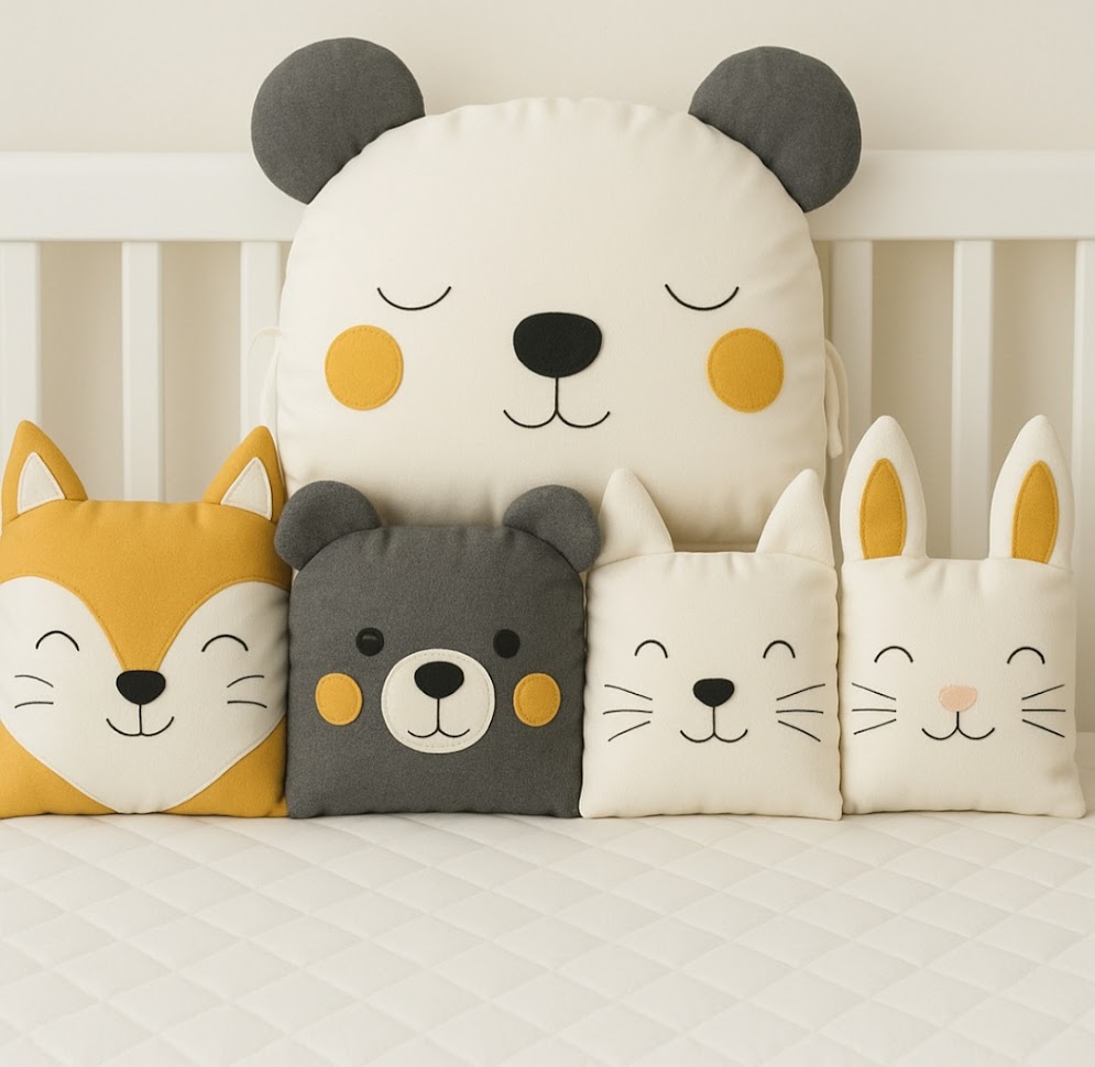 Zvířátkový mantinel MimiMe v krémové, hořčicové a šedé barvě s medvídkem, liškou, tmavým medvídkem, kočičkou a zajíčkem – kolekce Honey Grey.