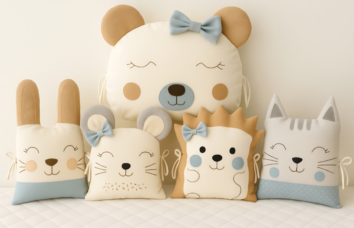 Mantinel MimiMe Blue Cappuccino s motivem medvídka, zajíčka, myšky, ježečka a kočičky v béžové, cappuccino a světle modré barvě.