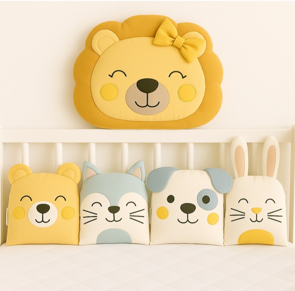 Mantinel MimiMe Sunny Friends s motivem lva, medvídka, lišky, pejska a zajíčka v kombinaci žluté, vanilkové a světle modré.