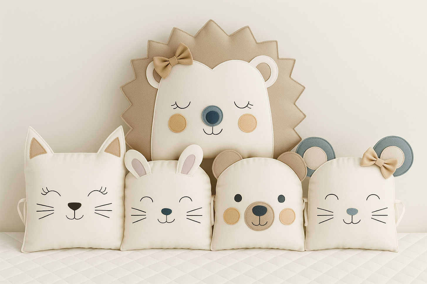 Mantinel MimiMe Soft Hedgehog s motivem ježečka, kočičky, zajíčka, medvídka a myšky v přírodních béžových a smetanových tónech.