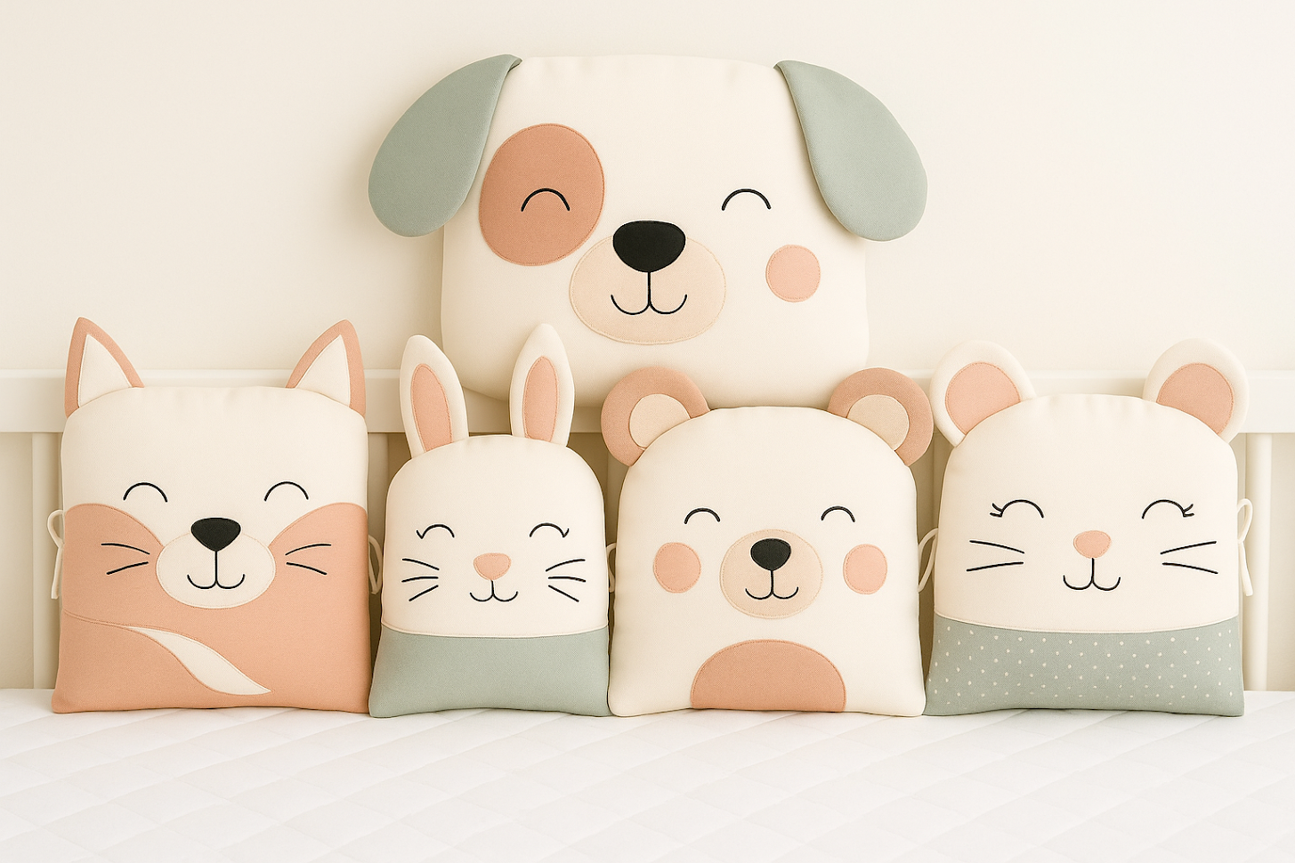 Mantinel MimiMe Peach & Sage Friends s motivem pejska, lišky, zajíčka, medvídka a myšky v kombinaci meruňkové, šalvějově zelené a smetanové.