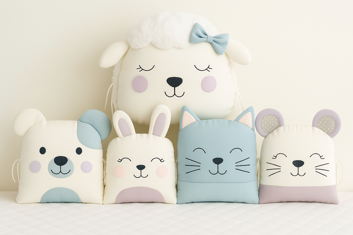 Mantinel MimiMe Pastel Meadow s motivem ovečky, pejska, zajíčka, kočičky a myšky v jemné pastelové kombinaci smetanové, mátové, modré a levandulové.