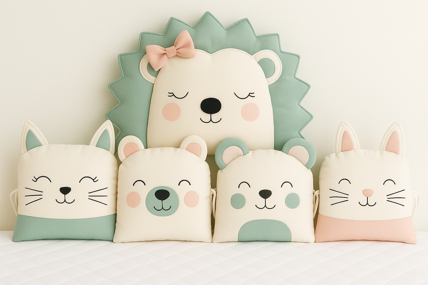 Mantinel MimiMe Minty Forest s ježečkem, kočičkami, medvídkem a myškou v kombinaci mátové, smetanové a pudrové růžové.