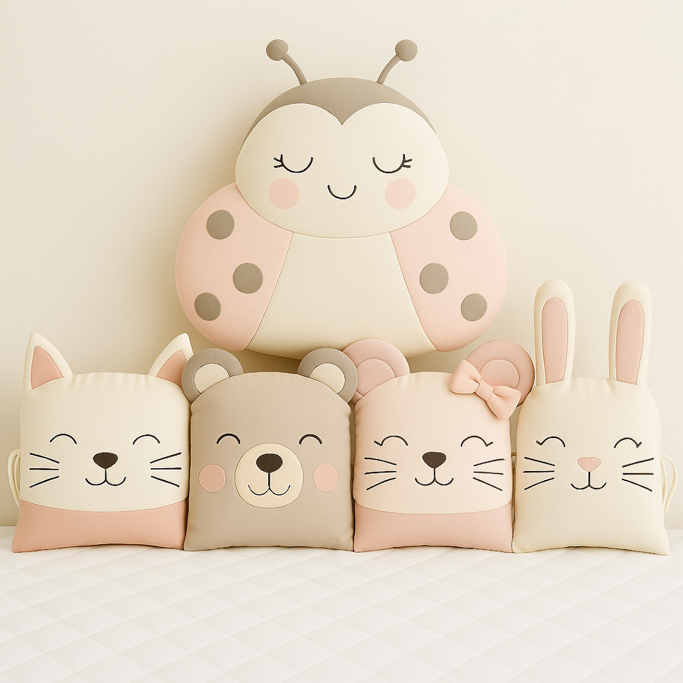 Mantinel MimiMe Blush Ladybug s beruškou, kočičkou, medvídkem, myškou a zajíčkem v pudrově růžové a béžové paletě.