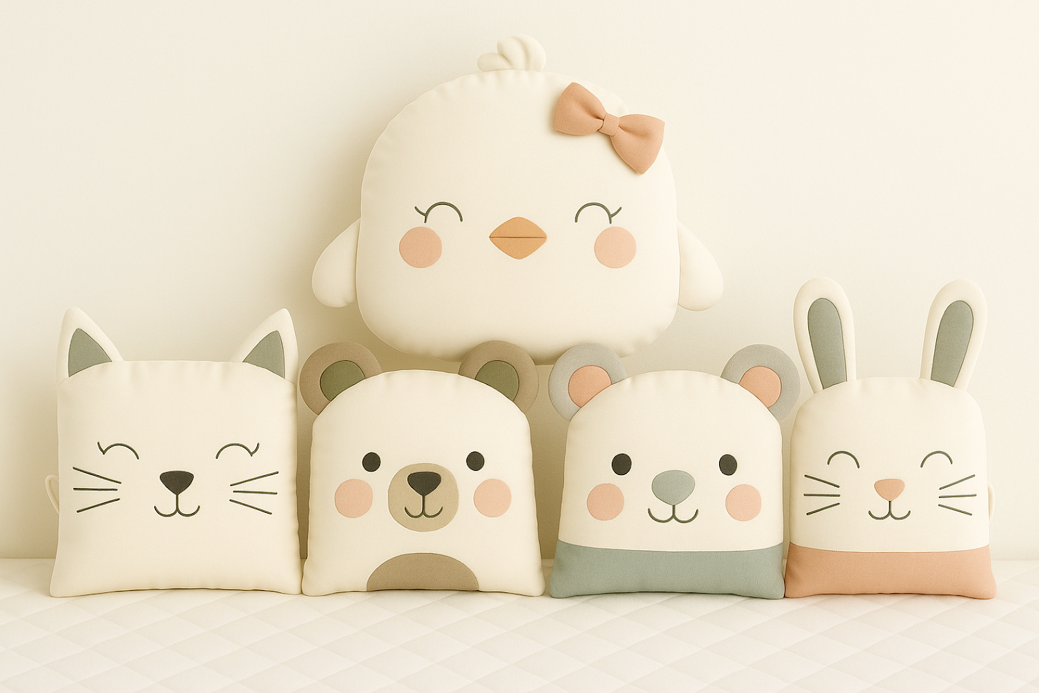 Mantinel MimiMe Creamy Chick s kuřátkem, kočičkou, medvídkem, myškou a zajíčkem v krémové, šalvějové a broskvové paletě.