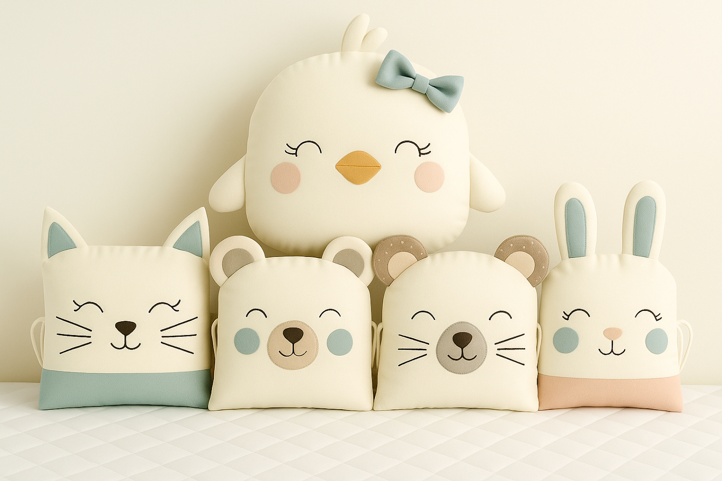 Mantinel MimiMe Minty Chick s kuřátkem, kočičkou, medvídkem, myškou a zajíčkem v krémově-mátové pastelové paletě.