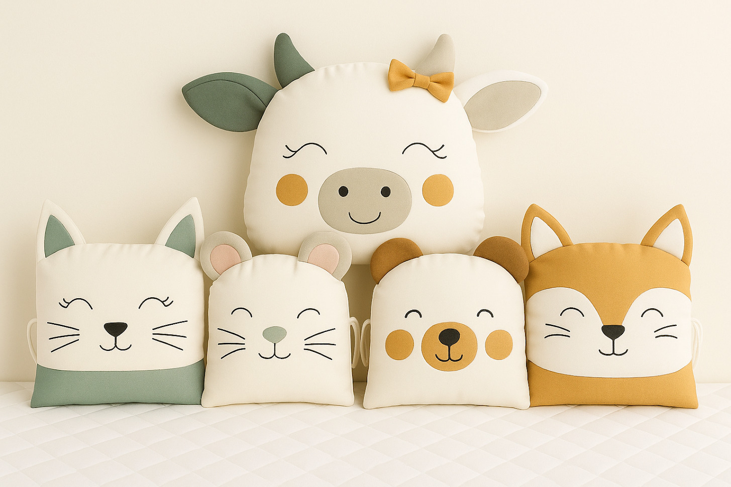 Mantinel MimiMe Honey Meadow s kravičkou, kočičkou, myškou, medvídkem a liškou v krémově-medových a zelených tónech.