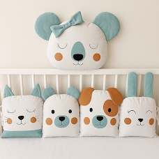 Mantinel MimiMe Minty Friends s motivem kočičky, medvídka, pejska, zajíčka a velké myšky v mentolové a smetanové barvě.